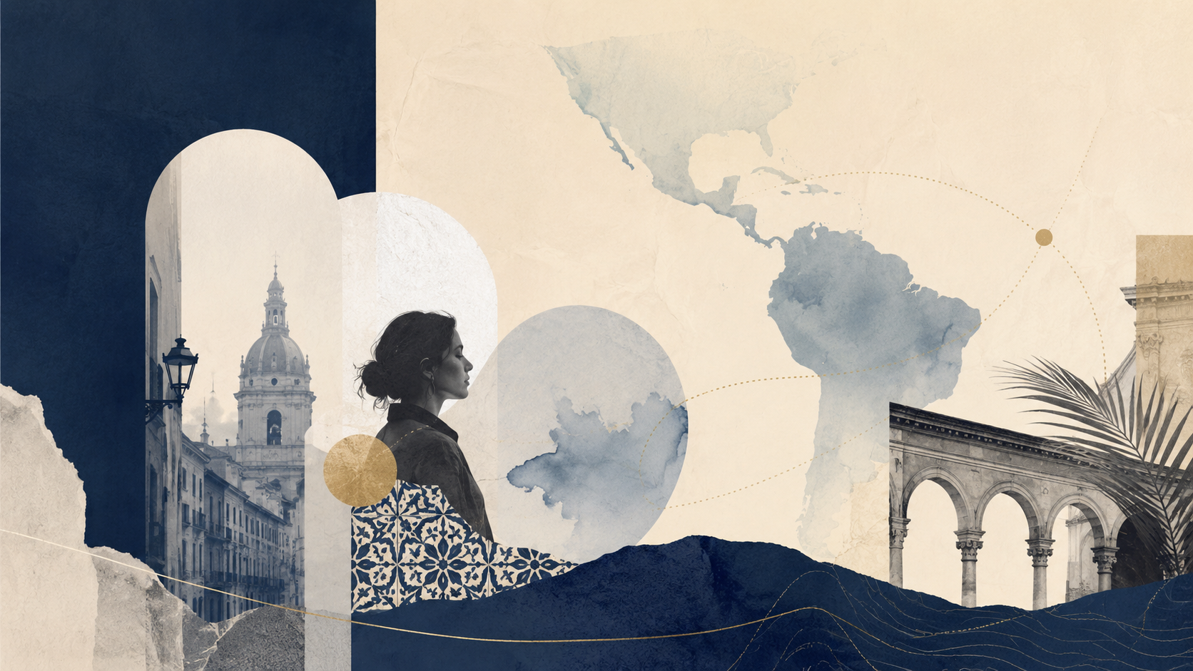 Collage editorial sobre migración profesional latinoamericana entre América Latina y Europa