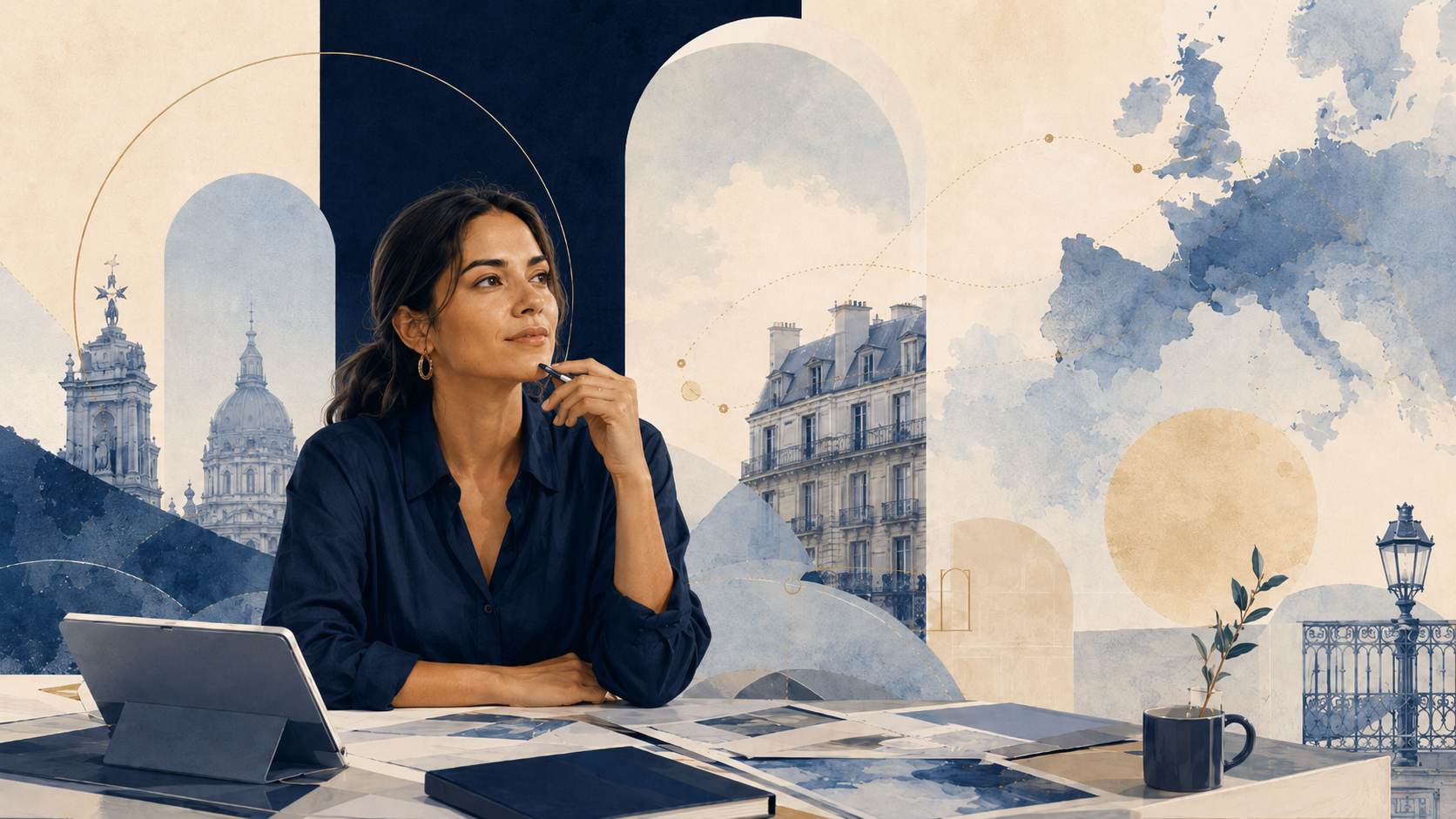 Profesional latinoamericana en su espacio de trabajo europeo, reflexionando sobre su trayectoria y vocación social